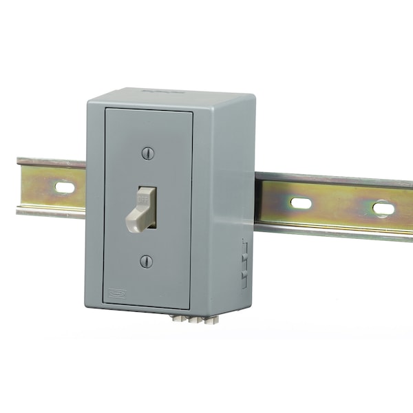 DIN Rail Utility Box, Complete Unit- Single Pole Switch, DIN Rail Box, Single Pole, 20A Toggle Gray